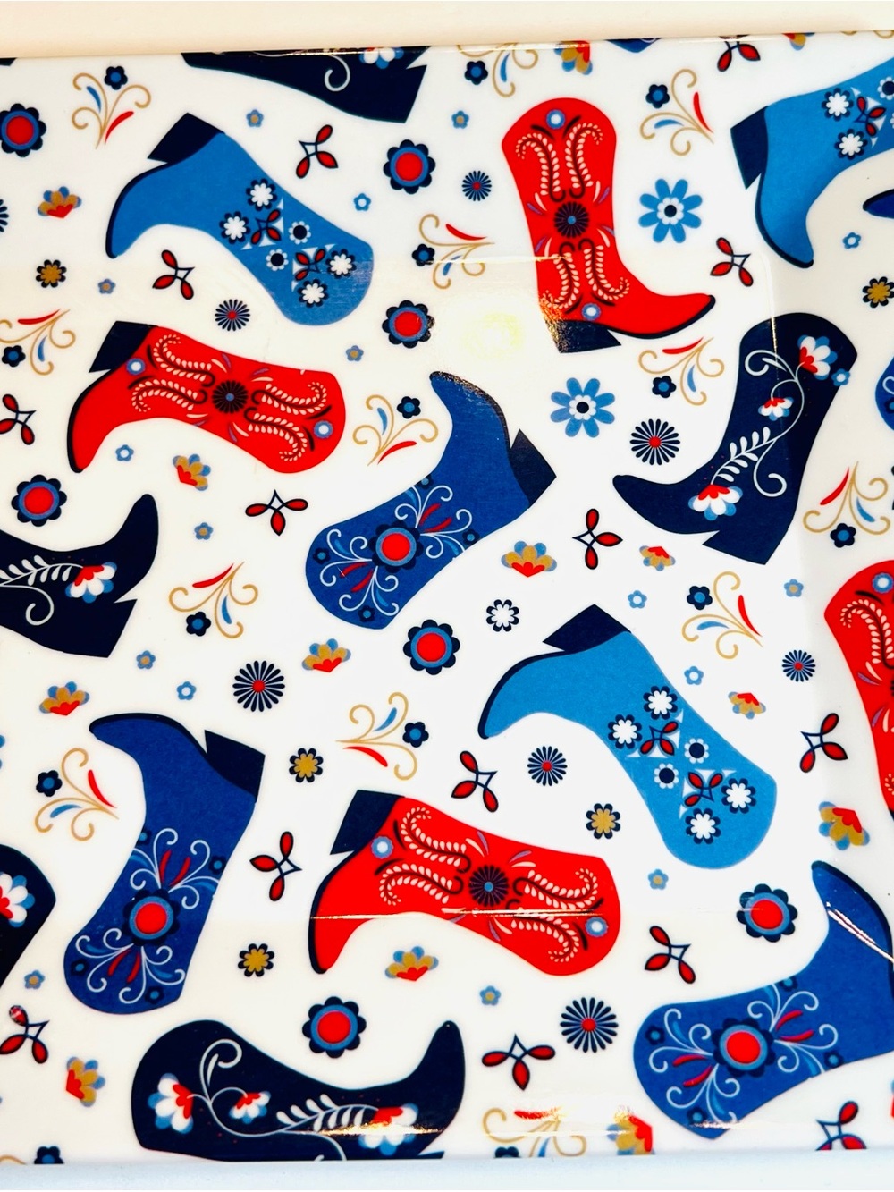 Patriotic Melamine Platter Red & Blue Western Cowgirl Cowboy Boots Americana - Picture 2 of 10